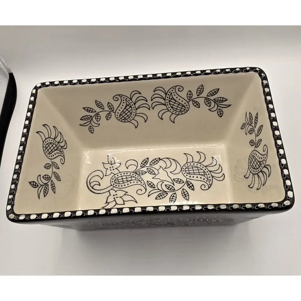 Baum Stoneware Oven To Table Black And White Paisley Bread Pan 6.5” x 4.25” X 3”